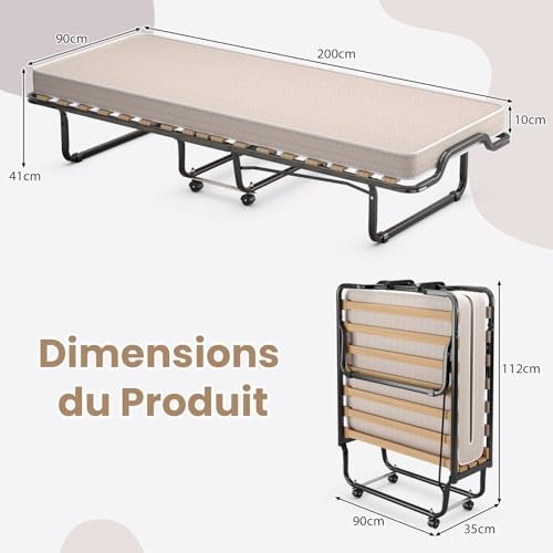 Lit pliant COSTWAY 1 personne 120 kg avec matelas orthopédique