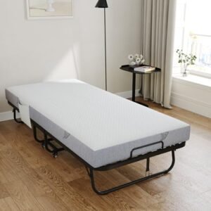 VOWNER Lit Pliant 1 Personne 90 x 200 cm, lit d'appoint avec Matelas en Mousse Mémoire et Couverture de Poussière，Structure Robuste ET 4 Roues, Charge 200 kg