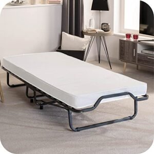 Beautissu Lit Invité 90 x 200 cm Venetia – Lit d’Appoint Durable avec Matelas à Noyau en Mousse 10,5 cm – Lit Voyage Pliant avec Cadre en Acier Stable, 4 roulettes & Housse de Protection
