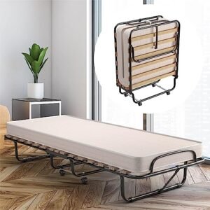 COSTWAY Lit Pliant 1 Personne Adulte 80 x 190 cm, avec Matelas Orthopédique en Mémoire 10 cm, Charge 120 kg, Lit d’Appoint Pliable à 4 roulettes et Sommier à 15 Lattes de Bois pour invités, Beige