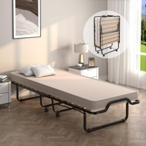 COSTWAY Lit Pliant 1 Personne Adulte 90 x 200 cm avec Matelas Orthopédique en Mémoire 10 cm, Charge 120 kg, Lit d’Appoint Pliable à 4 roulettes et Sommier à 15 Lattes de Bois pour invités, Beige