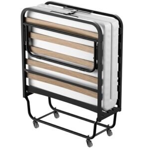DEWINNER Lit Pliant 90x190 cm avec Matelas de 10cm, Lit Pliable 1 Personne Adulte pour Cadre de lit en sommier 90x190,4 roulettes,Facile à Transporter et 2 Min Assembler (90 x 190 cm)