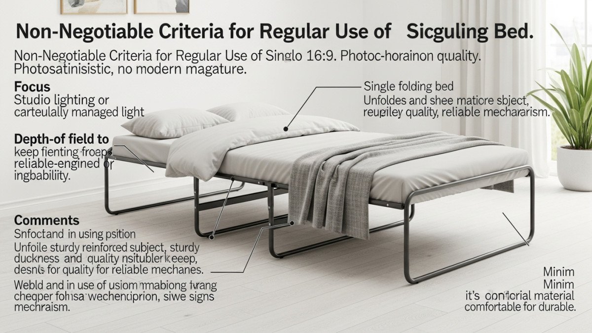 Illustration de la section : Les Critères Non Négociables pour un Usage Régulier – Si vous comptez utiliser votre lit pliant 1 personne comme couchage principal ou très…