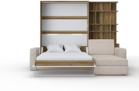 MAXIMAHOUSE Invento 140×200 : lit escamotable vertical avec canapé d’angle, bibliothèque et LED