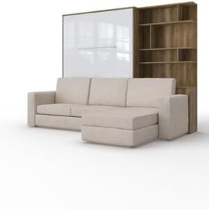 MAXIMAHOUSE Invento Vertical Folding Bed with Corner Sofa and Bookcase 140V LED (140×200) (Country Oak/Bright White+Sofa Beige/Light Brown)