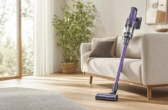 Aspirateur sans fil dans un salon scandinave