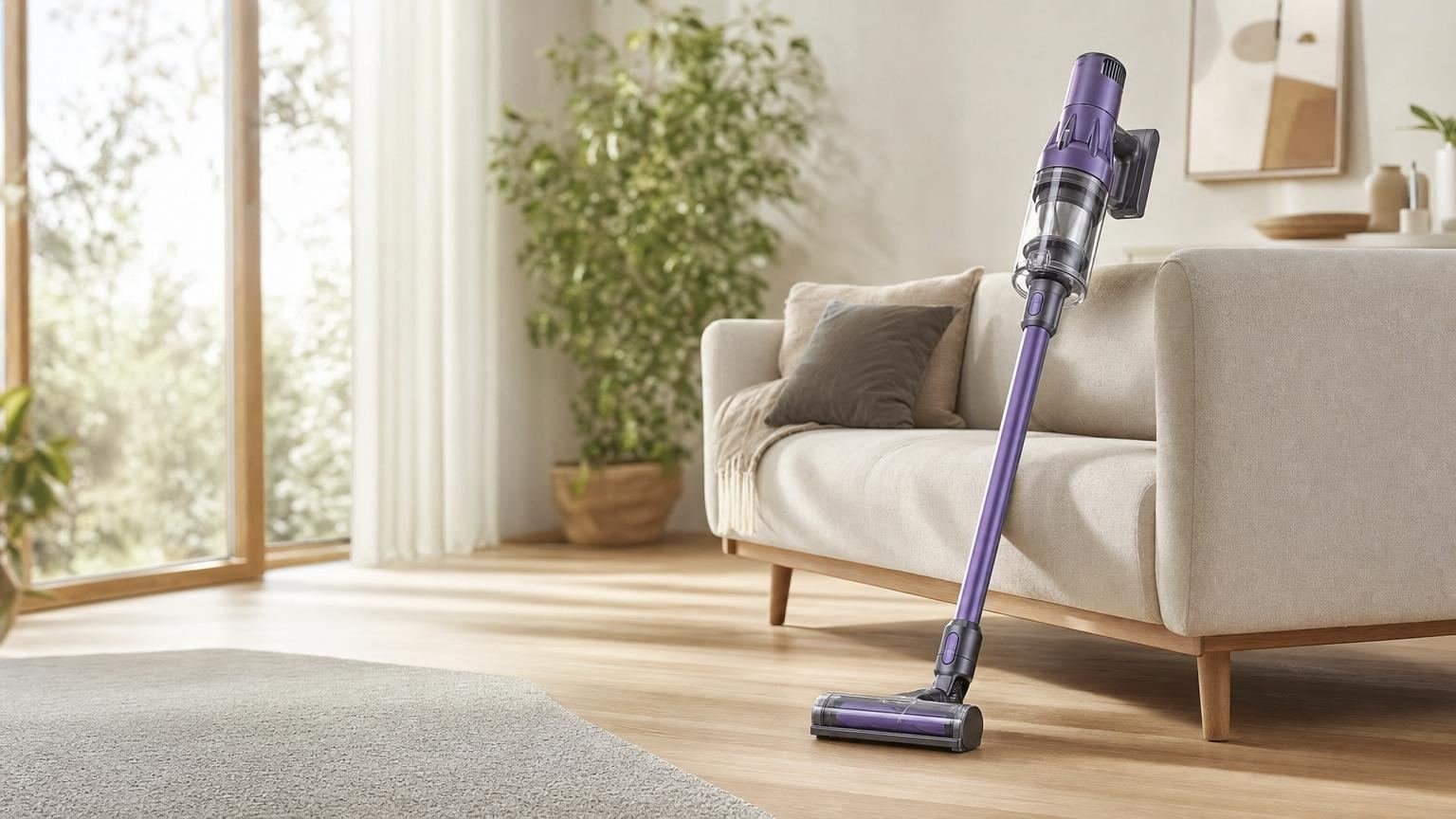 Aspirateur sans fil dans un salon scandinave